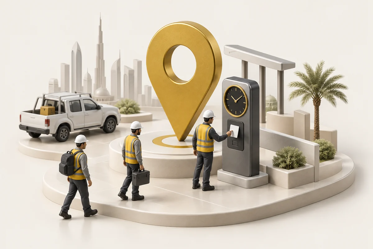 3D illustration: Field-team check-in, location and time