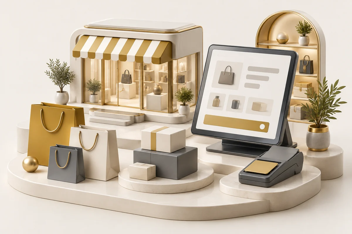 3D illustration: Retail storefront and online order fulfilment