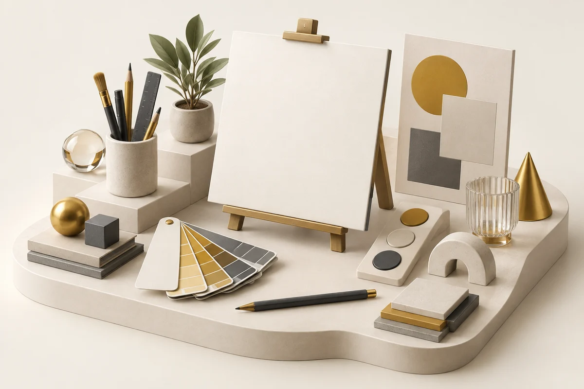 3D illustration: Brand design tools and creative materials
