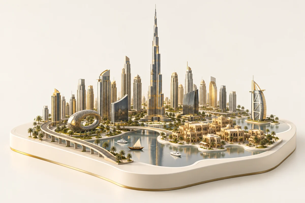 3D illustration: Dubai-inspired architectural skyline