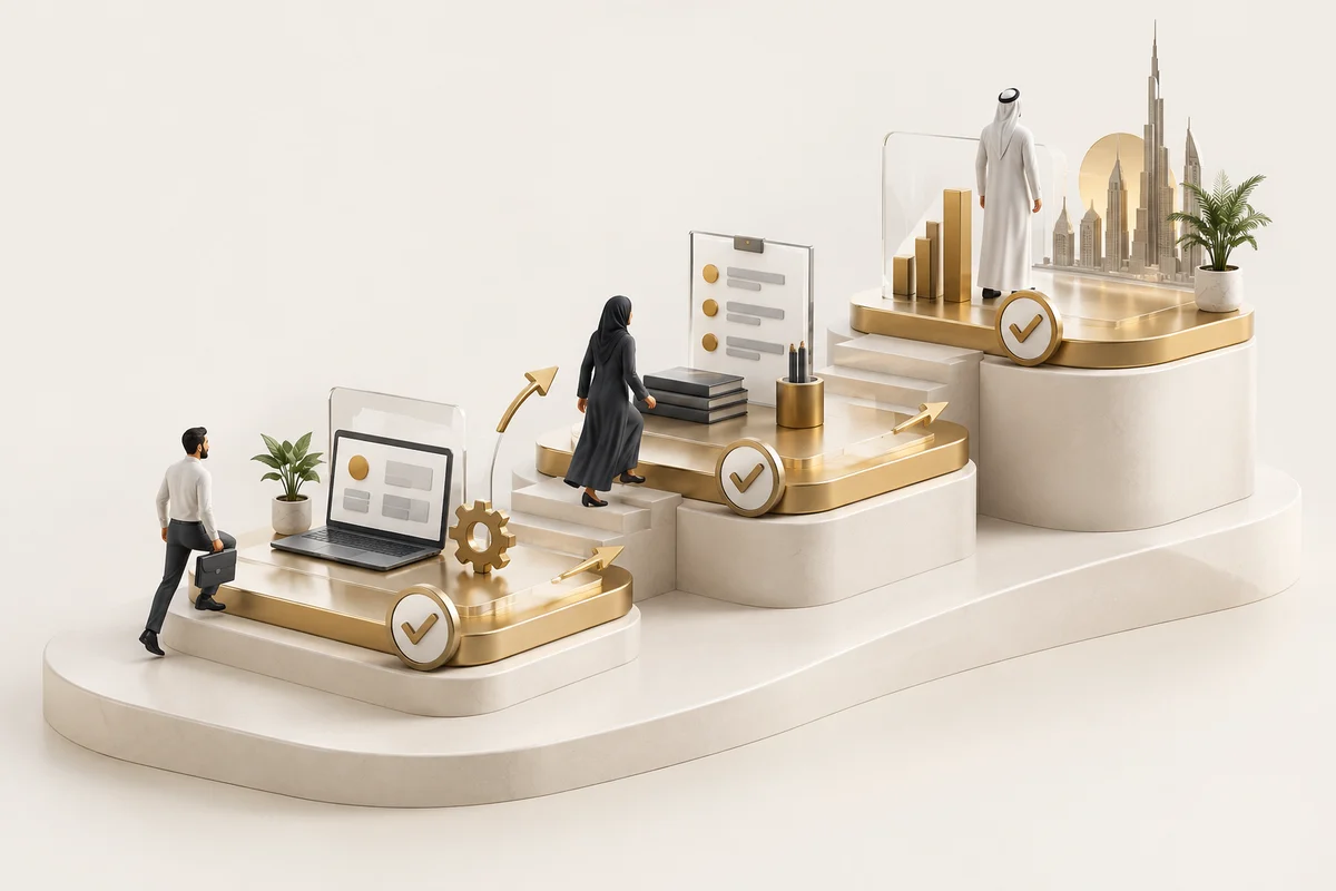 3D illustration: A clear three-stage setup journey