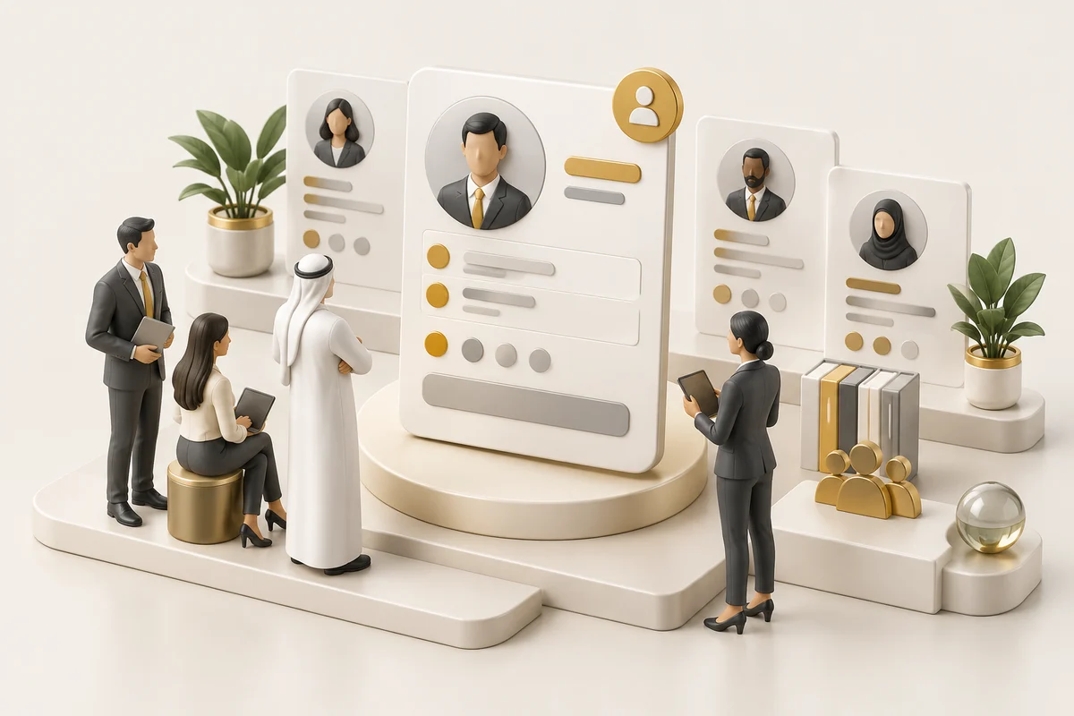 3D illustration: Organized employee profiles and teams