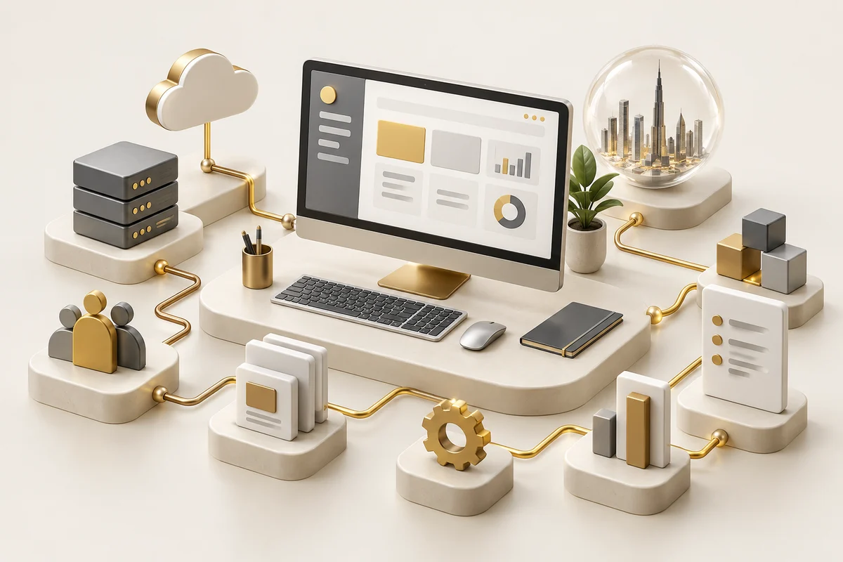 3D illustration: Connected enterprise software and workflow modules