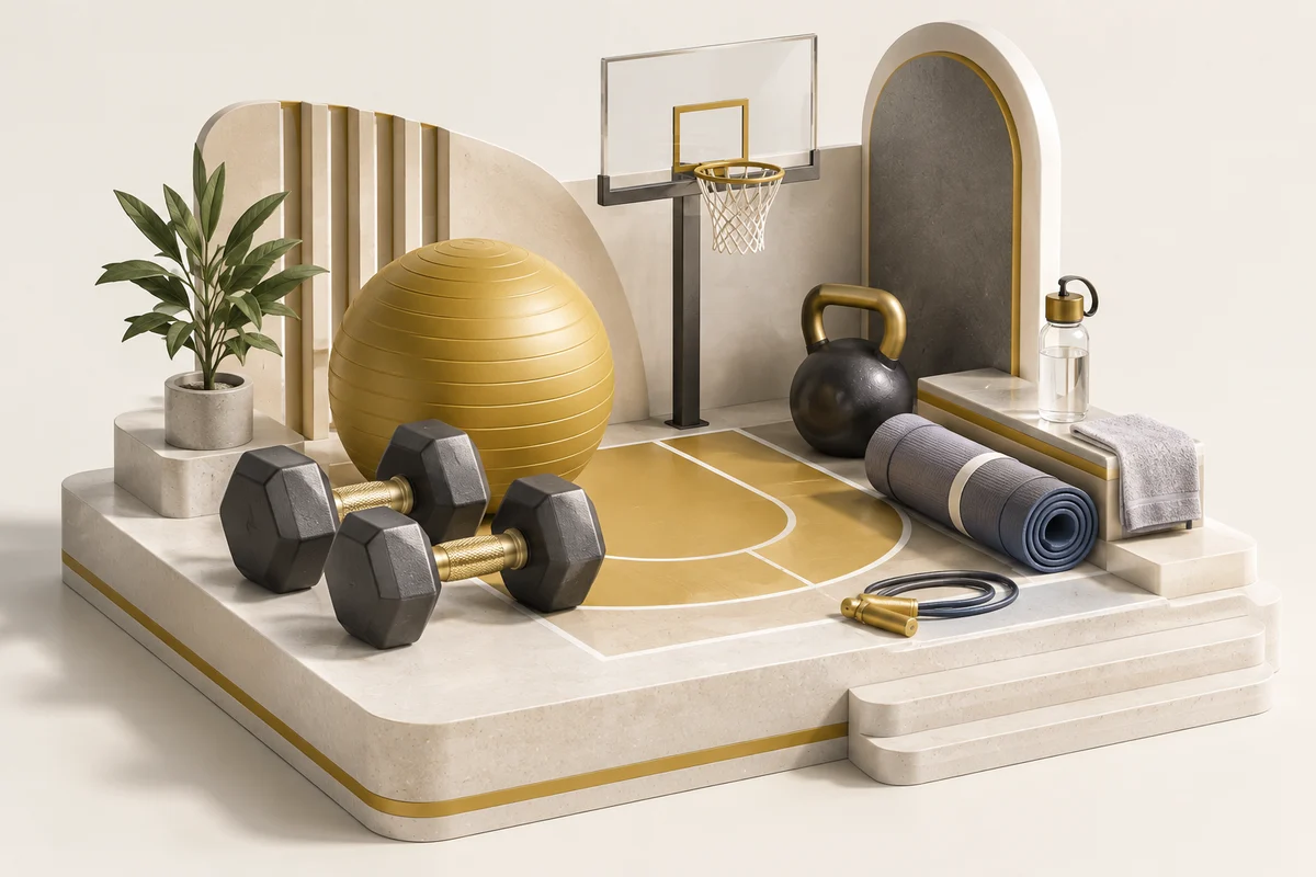 3D illustration: Sports training and equipment